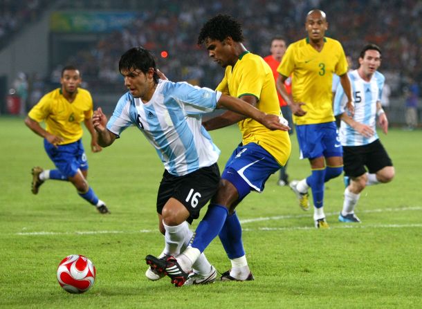 Breno, pictured here taking on Argentina's Sergio Aguero, was part of Brazil's squad for the 2008 Beijing Olympics. He and he teammates battled their way to a bronze medal in China.
