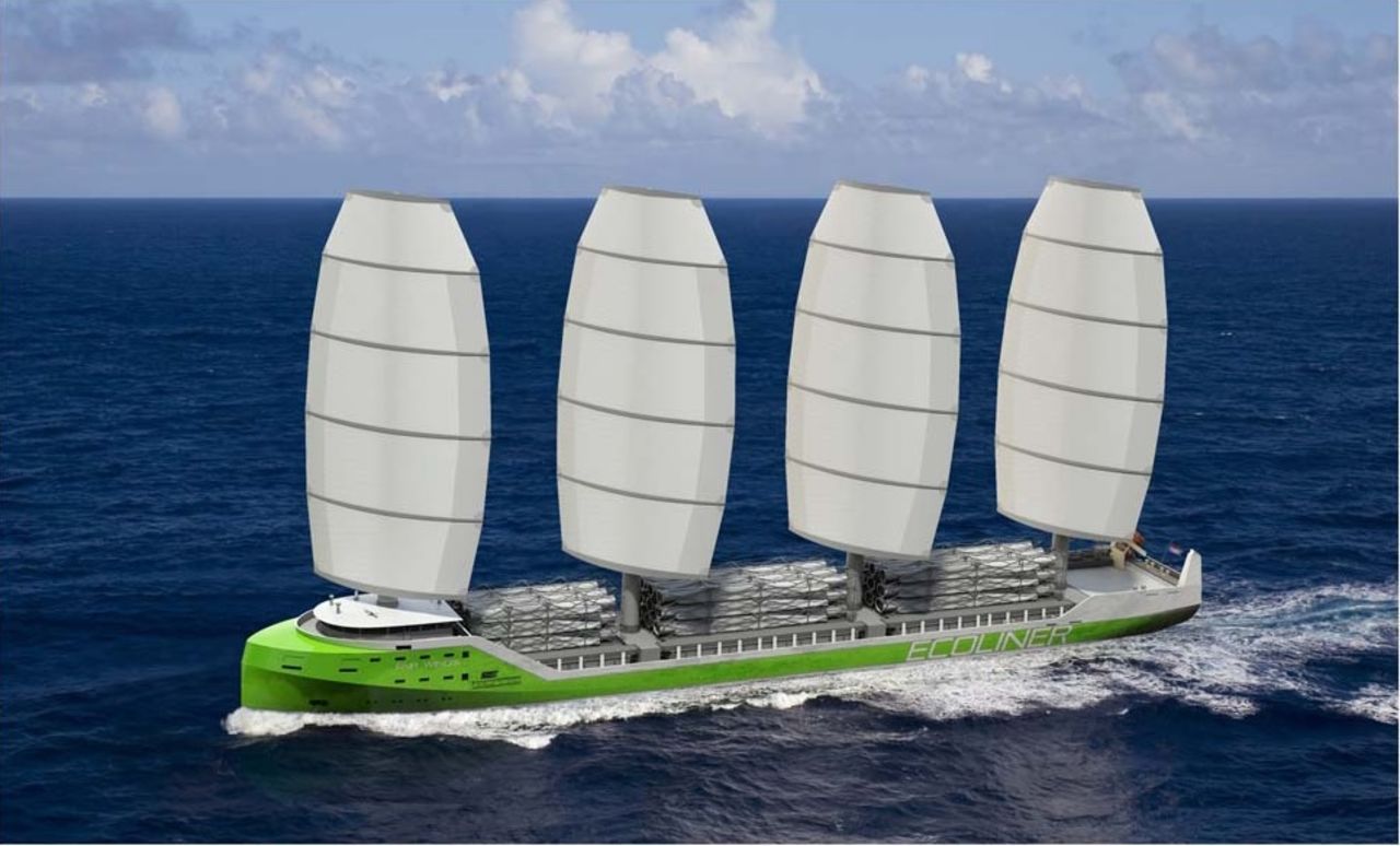 The Ecoline is a prototype cargo ship that makes use of large sails to reduce its fuel consumption by half. A conventional engine provides back-up power when the wind drops.