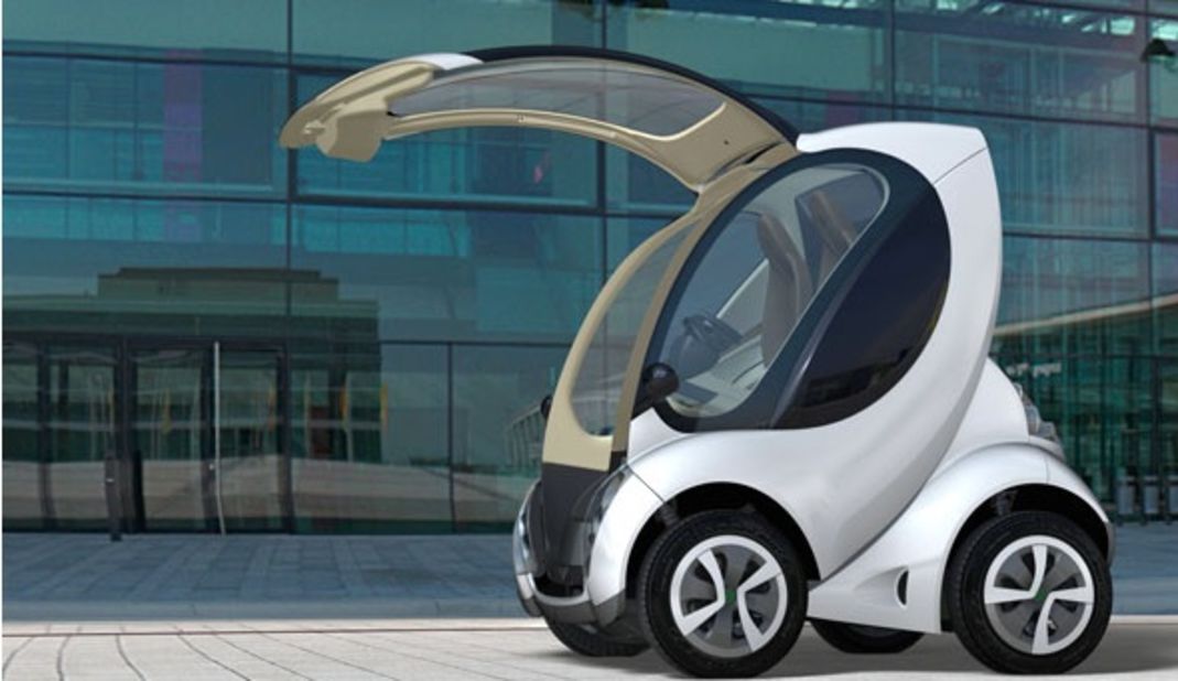 The Hiriko is an electric car that "folds" into a vertical position, as seen in this image, to take up less room when it's stationary. It is expected to go into commercial production in 2014.