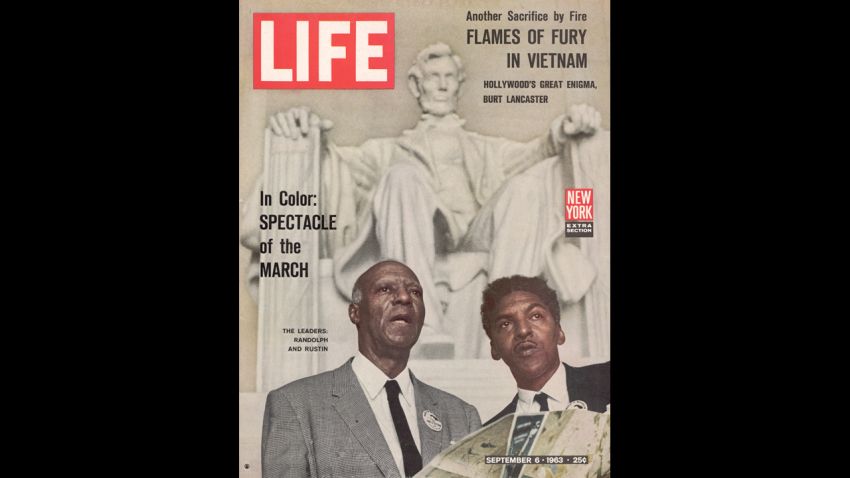 LIFE cover 09-06-1963 African American activists A. Phillip Randolph & Bayard Rustin, organizers of the March on Washington For Jobs and Freedom, aka the Freedom March, stand in front of the Lincoln Memorial. (Photo by Leonard McCombe/Life Magazine/Time & Life Pictures/Getty Images) 