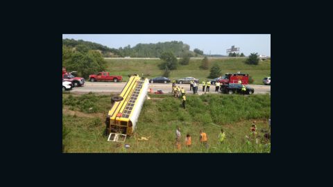 At least  29 riders were injured when a school bus carrying 6th grade girls from Pembroke Hill lost control and turned on its side in Kansas.