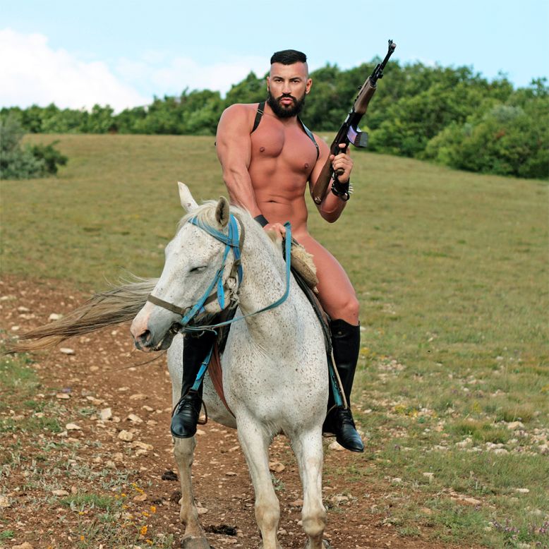 Photographs of Petel semi-naked while riding a horse and brandishing a gun are a feast for web surfers.