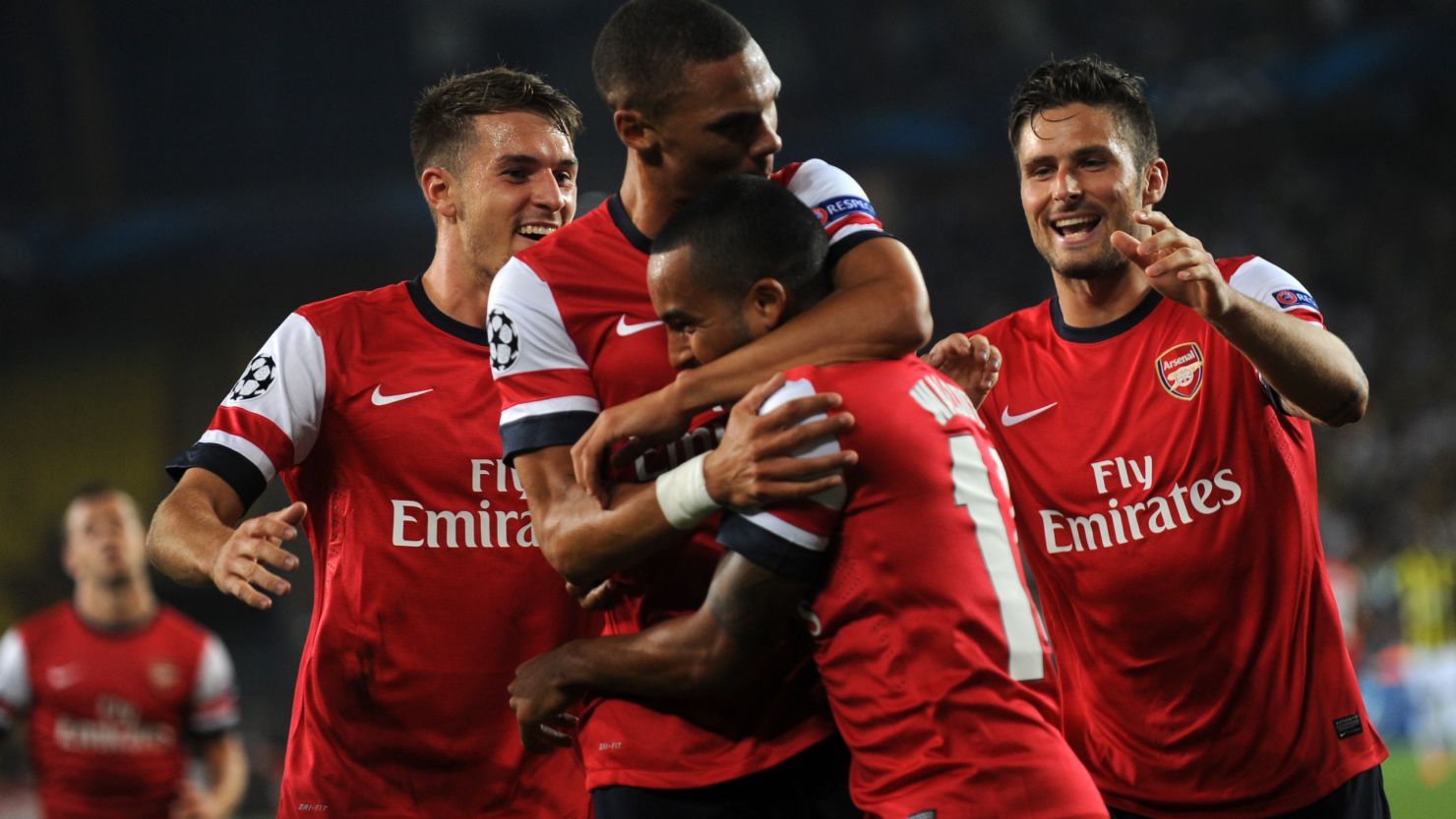 Kieran Gibbs (center left) is mobbed after scoring Arsenal's opening goal in Turkey.