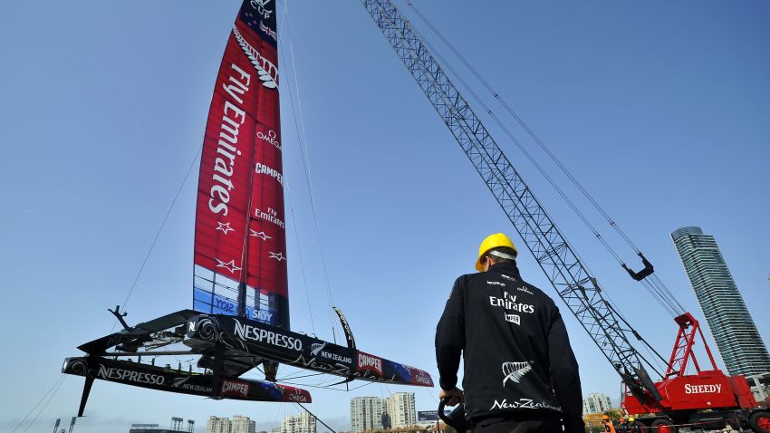 Team Emirates launches the AC-72 into the water for an America's Cup training session in San Francisco in 2013.