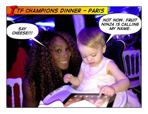 Now used to her celebrity friends, Micaela was seemingly more interested in her iPad when snapped with women's star Serena Williams at the ITF Champions dinner.