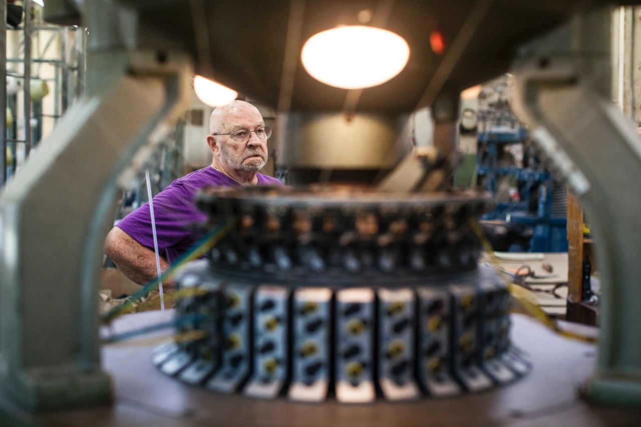 Dick Raihl has worked on and off for Mohnton Knitting Mills since the 1960s. He oversees the knitting factory. After the fabric is knitted, it goes to an independent processing company about 30 minutes away, in Shoemakersville, to be washed and scoured.