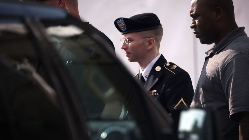 Manning was convicted in July on 20 of the 22 charges against him, including violations of the U.S. Espionage Act. Here, Manning is escorted from court on June 3, 2013, at Fort Meade.