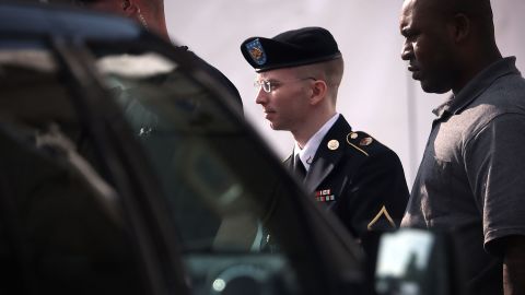 Manning was convicted in July on 20 of the 22 charges against him, including violations of the U.S. Espionage Act. Here, Manning is escorted from court on June 3, 2013, at Fort Meade.