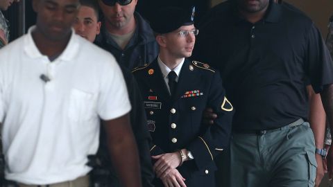 In a statement read by his attorney at his sentencing, Manning said he acted "out of love for my country and a sense of duty." That statement was part of Manning's application for a pardon from President Barack Obama. Here, Manning is escorted out during the sentencing phase of his trial on August 20 at Fort Meade.