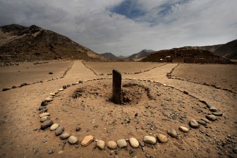 Caral, the oldest ancient city of South America, located in Peru, includes this sundial. The city is thought to be nearly 5,000 years old. 