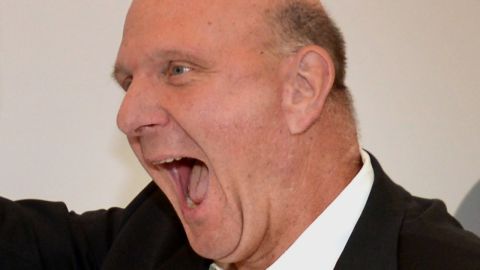 Ballmer speaks, or perhaps yells excitedly, during the 2013 opening of a Microsoft store in Troy, Michigan.