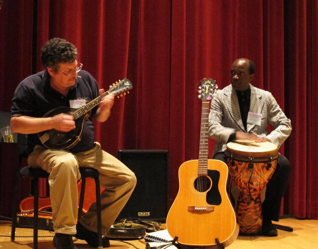 Music therapist Eric Miller performs with David Akombo, assistant professor of music education at Jackson State University, at the conference. Miller also demonstrated how biofeedback can be used in music therapy sessions. 