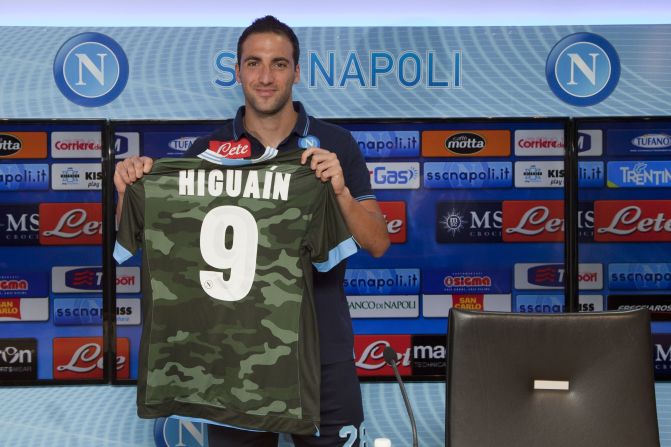 Napoli has invested heavily in new players during the transfer window in the hope it can launch a serious title challenge. Striker Gonzalo Higuain, seen here holding the club's new camouflage away kit, was signed from Real Madrid. Experienced manager Rafael Benitez, a European Champions League winner with Liverpool in 2005, has also been brought in as coach.