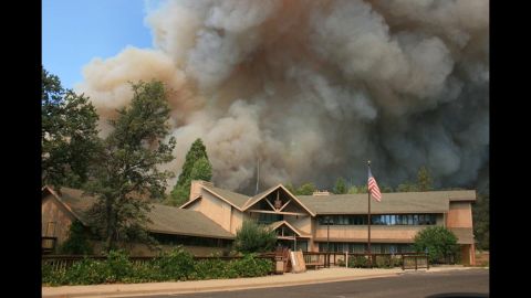 The Rim Fire burns close to Groveland Ranger Station near Yosemite National Park, California, on August 22.
