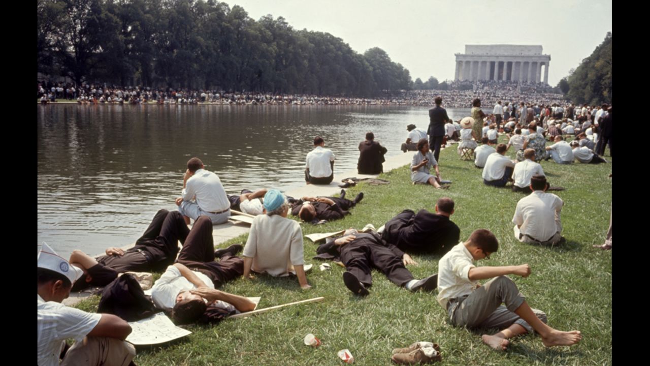 Demonstrators gather around the National Mall near the Lincoln Memorial before the beginning of the march.