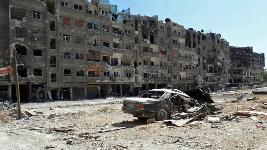 A handout image released by the Syrian opposition's Shaam News Network on August 17, 2013 shows heavily damaged buildings in Zamalka, a suburb of the Syrian capital Damascus. Zamalka is one of the places where an alleged chemical weapons attack took place.