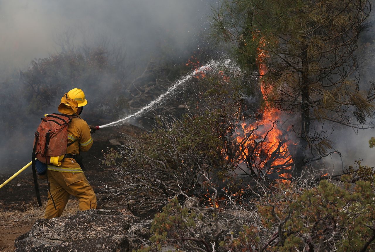 A firefighter douses a spot fire, as he battles the Rim Fire near Yosemite National Park in California. 