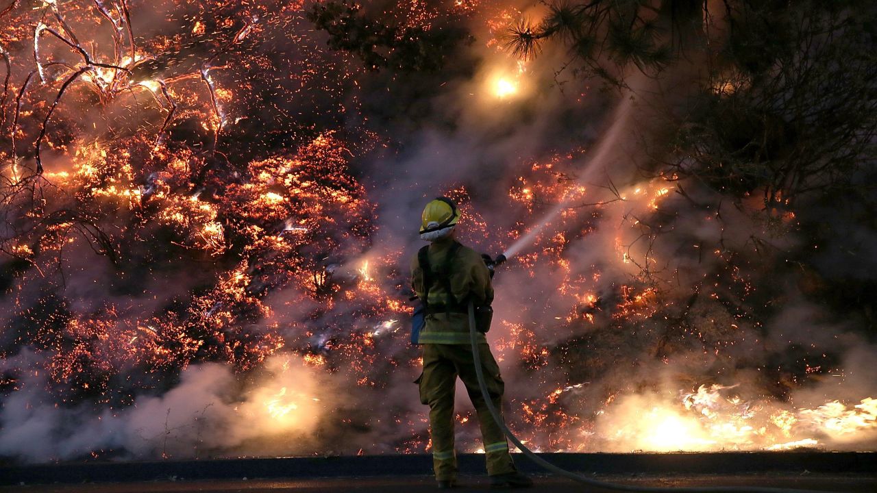 A firefighter douses flames of the Rim Fire in Groveland, near Yosemite National Park, on Saturday, August 24. 