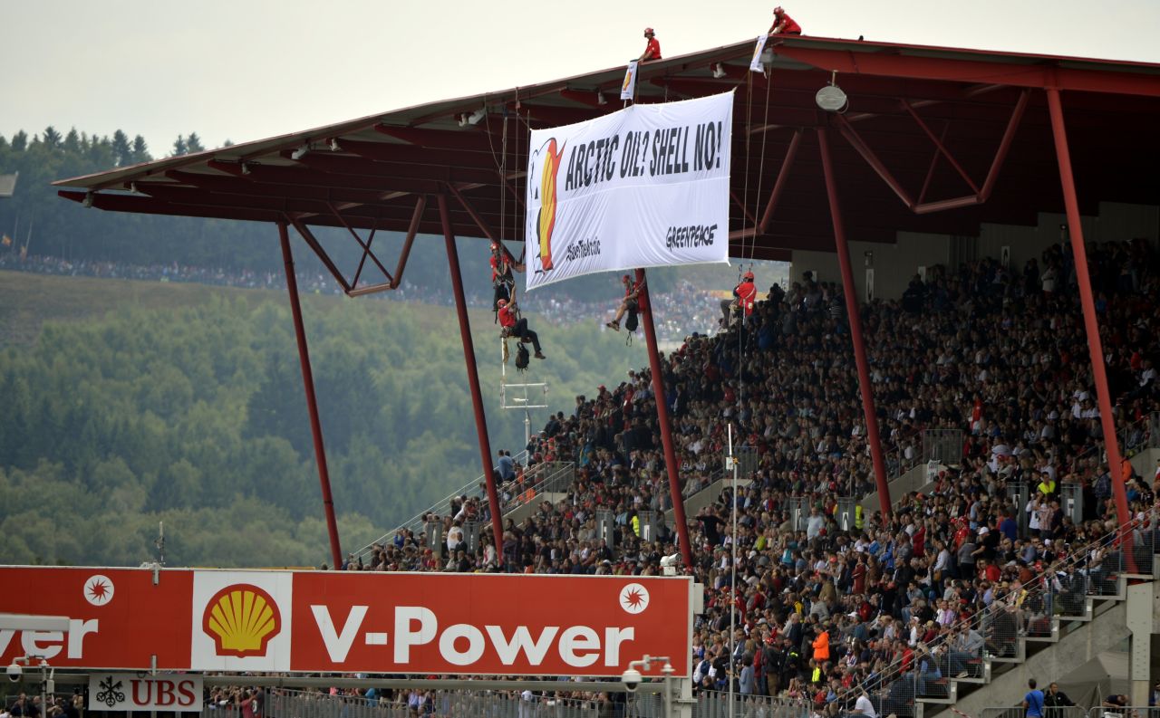 The activists were protesting against oil multinational Shell, which is the race sponsor for the Belgian Grand Prix. 