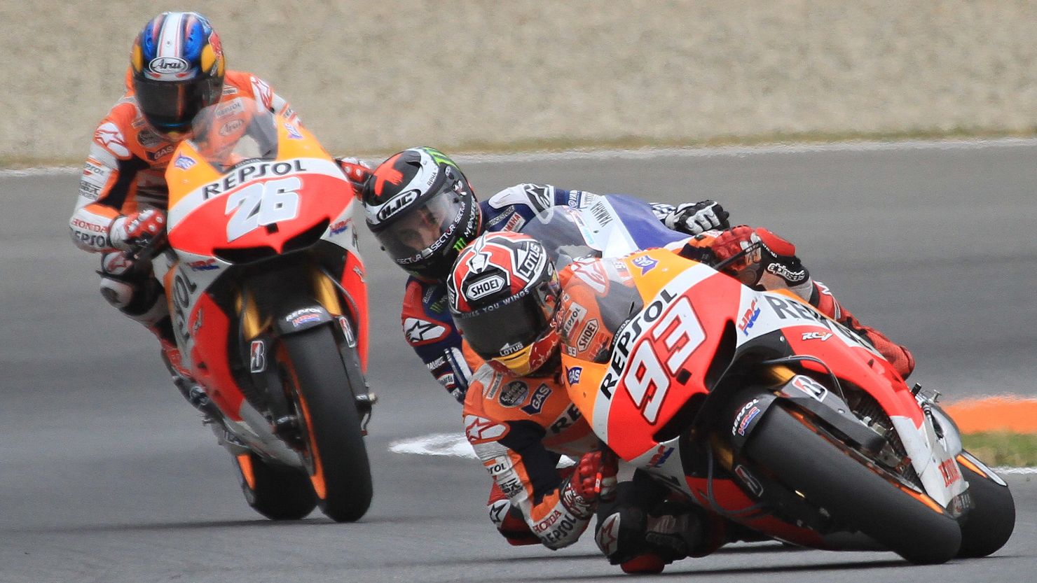 Honda rider Marc Marquez leads from Yamaha's Jorge Lorenzo at the Czech  Grand Prix in Brno. 