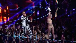 Robin Thicke and Miley Cyrus, right, perform onstage during the 2013 MTV Video Music Awards at the Barclays Center on Sunday, August 25, in the Brooklyn, New York.