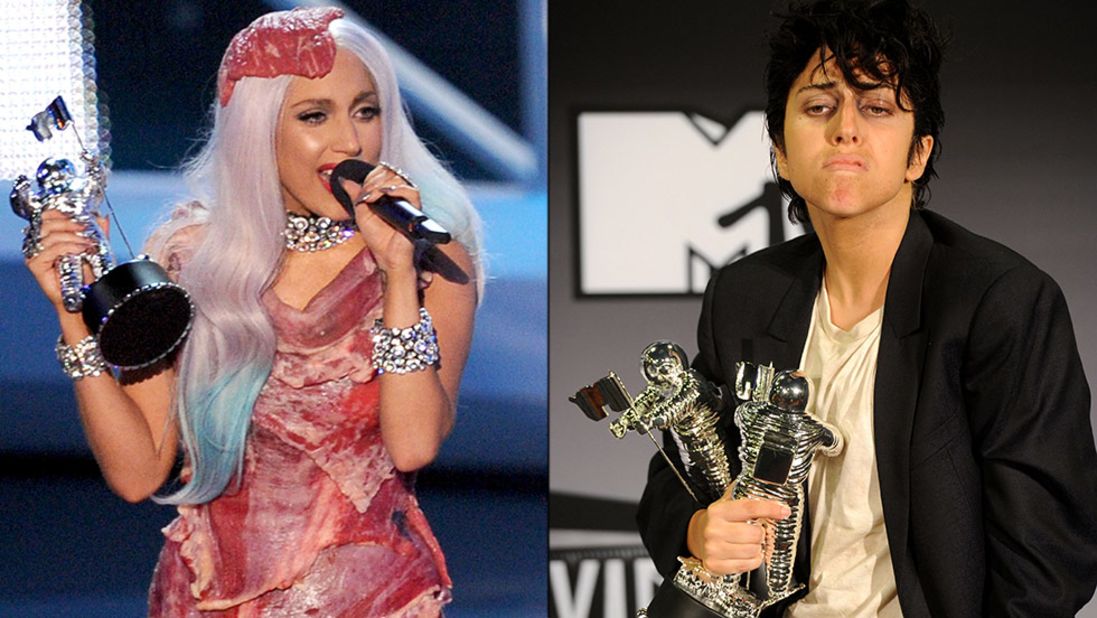 In 2010, Lady Gaga accepted the award for video of the year wearing a dress, hat, heels and clutch made of raw meat. She even asked Cher, who presented her with the award, to hold her meat purse while she thanked her fans. Gaga later explained the look, saying, "If we don't stand up for what we believe in and if we don't fight for our rights, pretty soon we're going to have as much rights as the meat on our own bones. And, I am not a piece of meat." She showed up to the 2011 VMAs in drag, dressed as her alter ego Jo Calderone.
