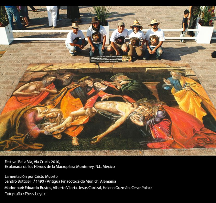 Artists Eduardo Bustos, from left, Alberto Viloria, Jesus Carrizal, Helena Guzman and Cesar Polack pose with their rendition of the Lamenting of the dead Christ in the Macroplaza of Monterrey, Mexico.