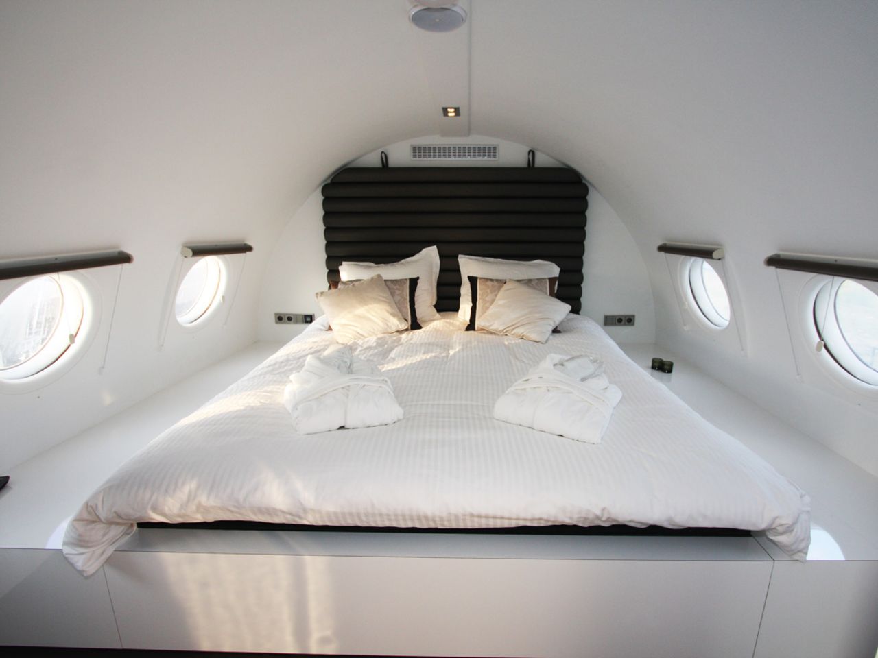 The Hotel Suite is equipped with this bed, a Jacuzzi, infrared sauna and mini-bar. It's a plane of many lives: it started out as a political transport, was converted to a commercial airplane seating 120, then used as a restaurant for 15 years until it became a hotel in 2007. 