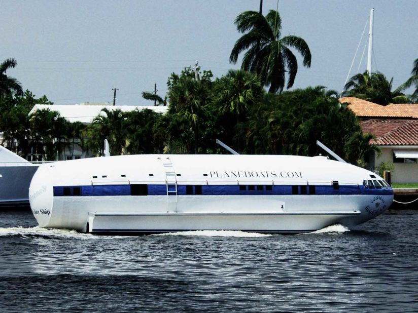 Made from the fuselage of a Boeing 307 Stratoliner, this shipshape little vessel once belonged to Howard Hughes. As it passed between owners, it evolved into its current seafaring form. Singer-songwriter Jimmy Buffett christened it the "Cosmic Muffin." Current owner, Dave Drimmer, purchased it as a houseboat 1981. It now sits in Fort Lauderdale, Florida.