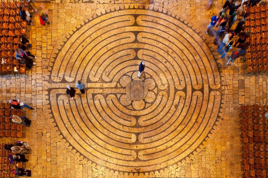 This labyrinth is designed as a single path that coils and unfurls, turning back and forth within a 40-foot circle.