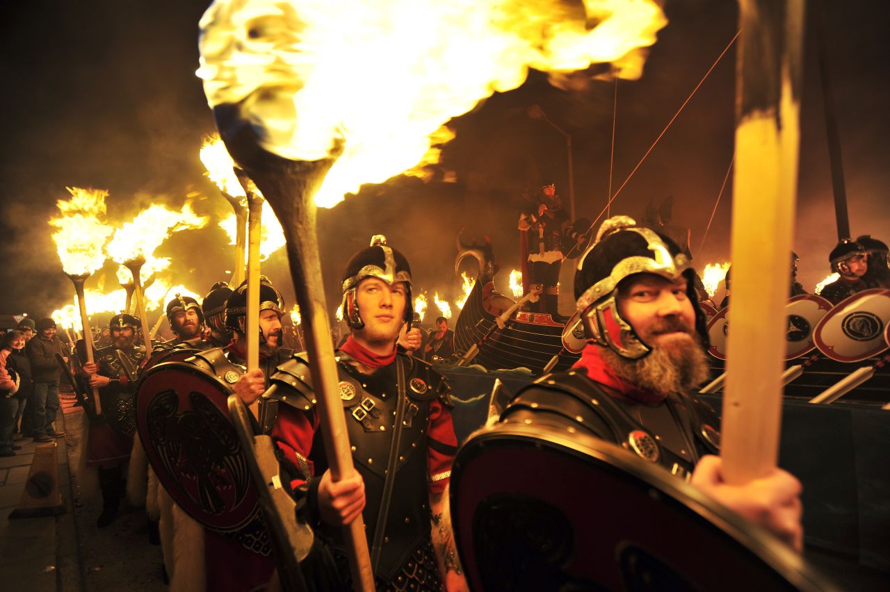 The Up Helly Aa festival celebrates the influence of the Scandinavian vikings in the Shetland Islands. The event culminates with up to 1000 'guizers' (men in costume) throwing flaming torches into a Viking longship. 