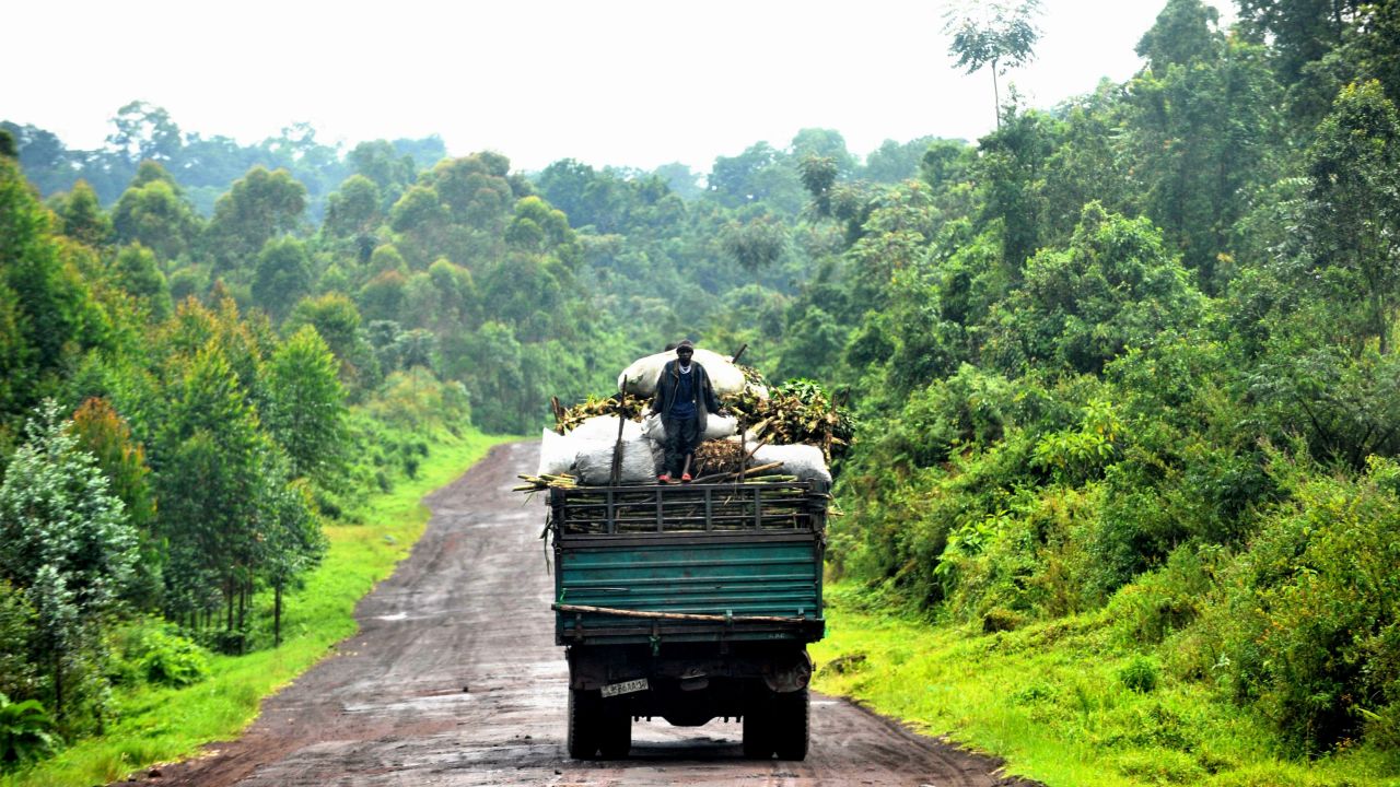 A man stands on the back of a truck in Rumangabo. Virunga is a picturesque backdrop to one of the most violent and longest runing armed conflict.