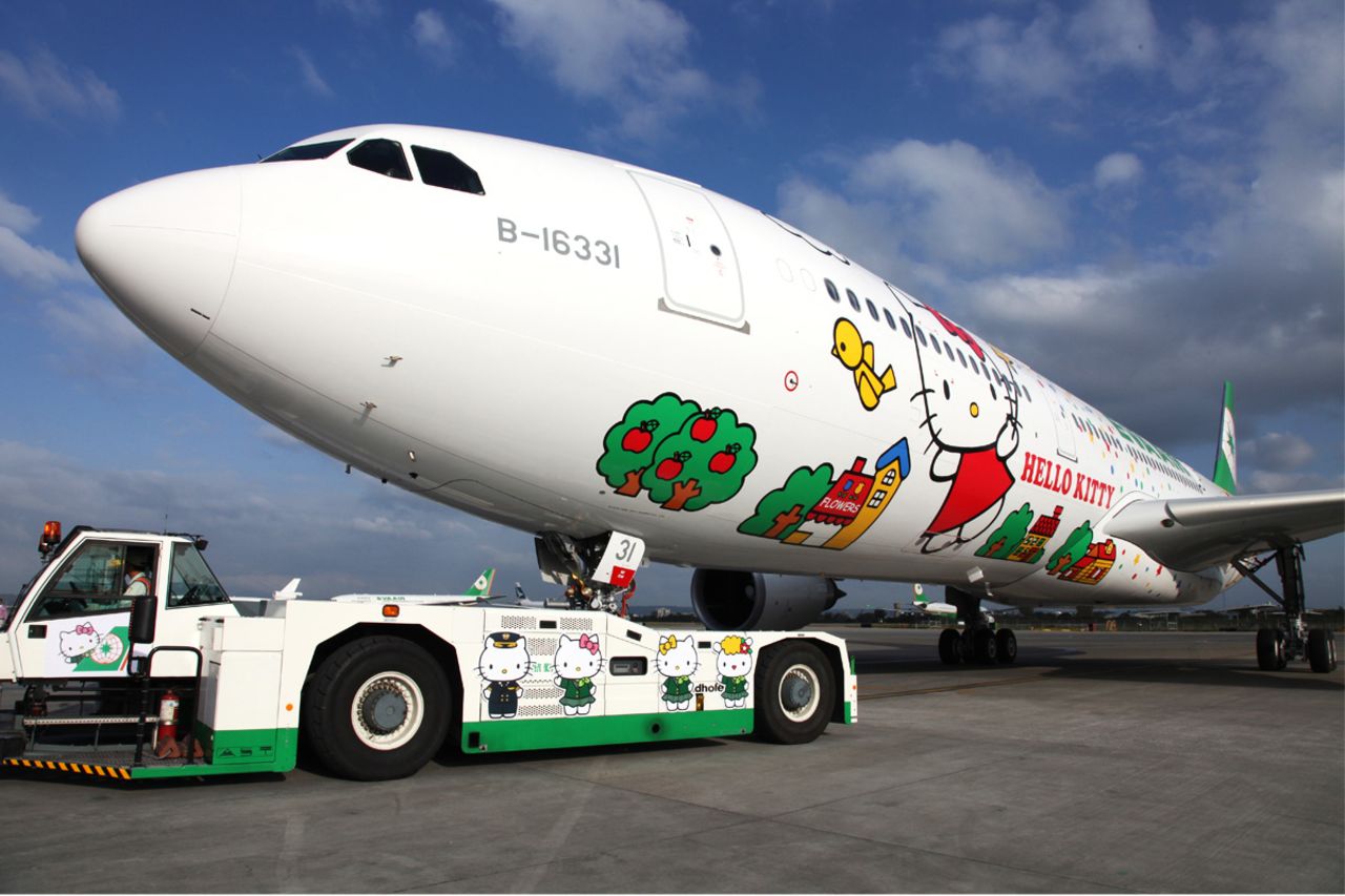 This is one of EVA Air's planes that flies Asia routes. Called "Magic Stars Hello Kitty," this flies from Taipei to various Asian hubs including Hong Kong and Japan. 