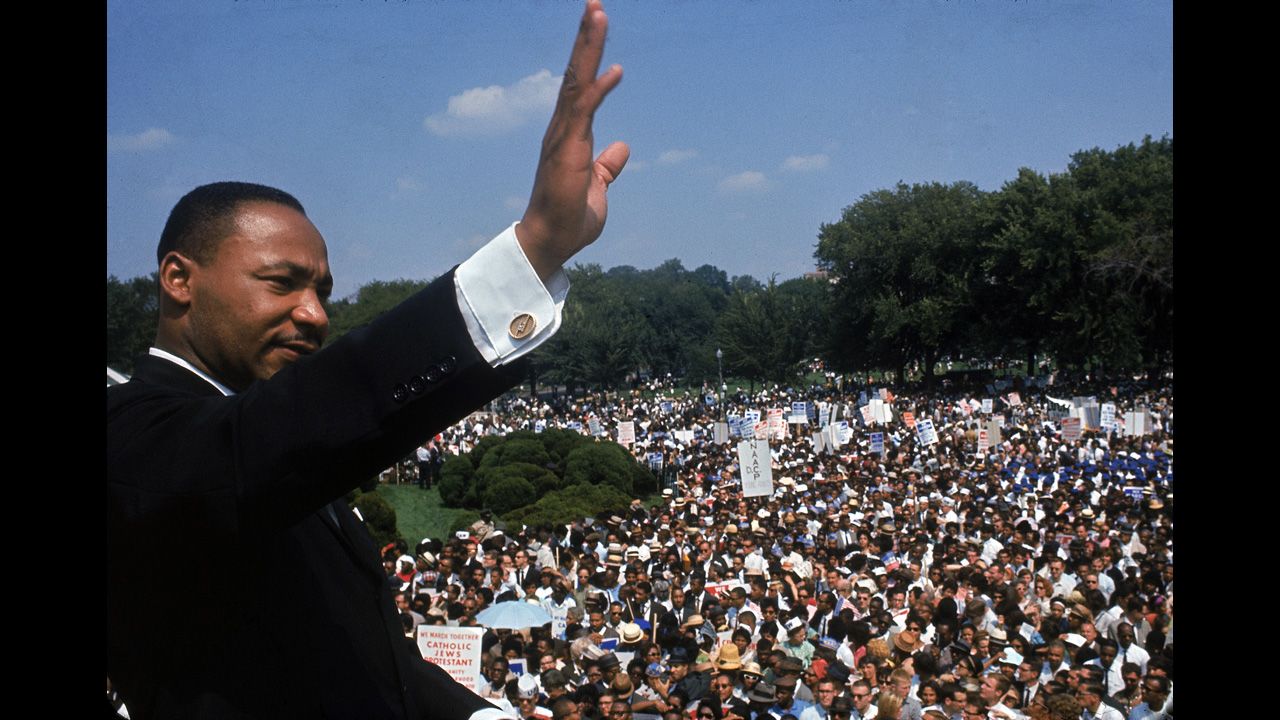 King addresses a crowd of demonstrators outside the Lincoln Memorial during the March on Washington for Jobs and Freedom in Washington on August 28, 1963. He delivered his famous "I Have a Dream" speech to more than 250,000 people. 