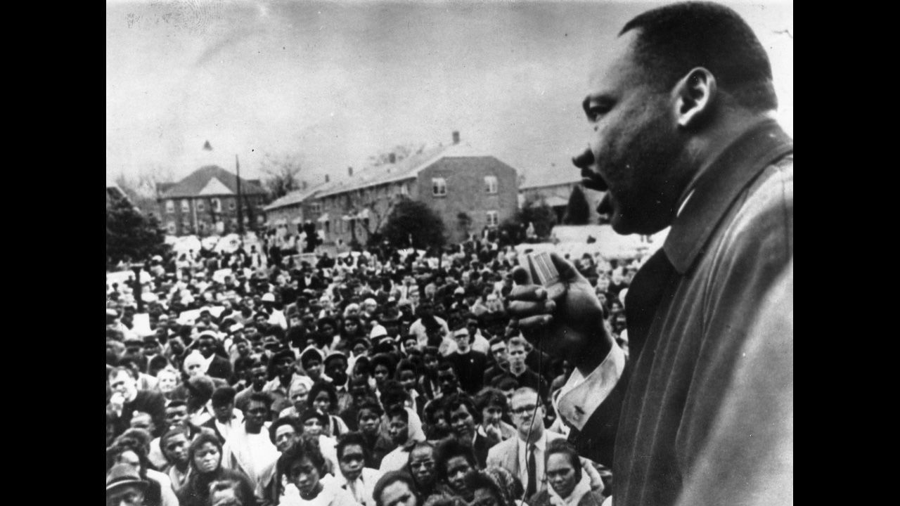 King addresses civil rights marchers in Selma in April 1965.