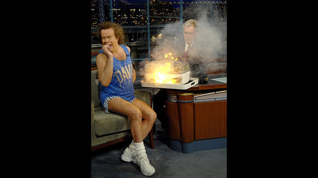 Richard Simmons and David Letterman have a wonderfully antagonistic friendship, and out of the many times the fitness king has appeared on the program, it's hard to pick a favorite. This moment from 2009, when Simmons and Letterman bickered over how to use a food steamer just before it burst into flames, is the kind of late night gold that other hosts dream about. 