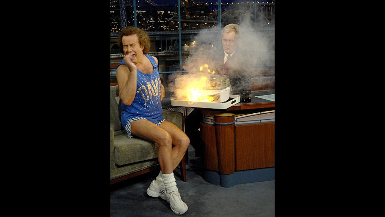 Richard Simmons and David Letterman have a wonderfully antagonistic friendship, and out of the many times the fitness king has appeared on the program, it's hard to pick a favorite. This moment from 2009, when Simmons and Letterman bickered over how to use a food steamer just before it burst into flames, is the kind of late night gold that other hosts dream about. 