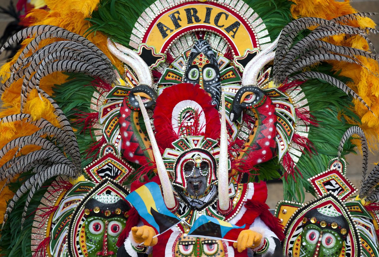 Performers from the Bahamas dance a Junkanoo during the festivities.