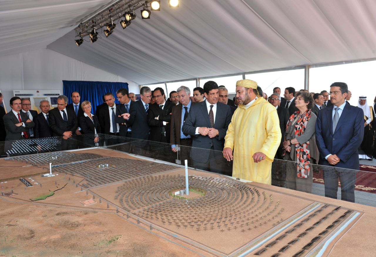 Moroccan King Mohammed VI attends the official launch of the construction of a 160 MW solar power plant near the city of Ouarzazate on May 10.