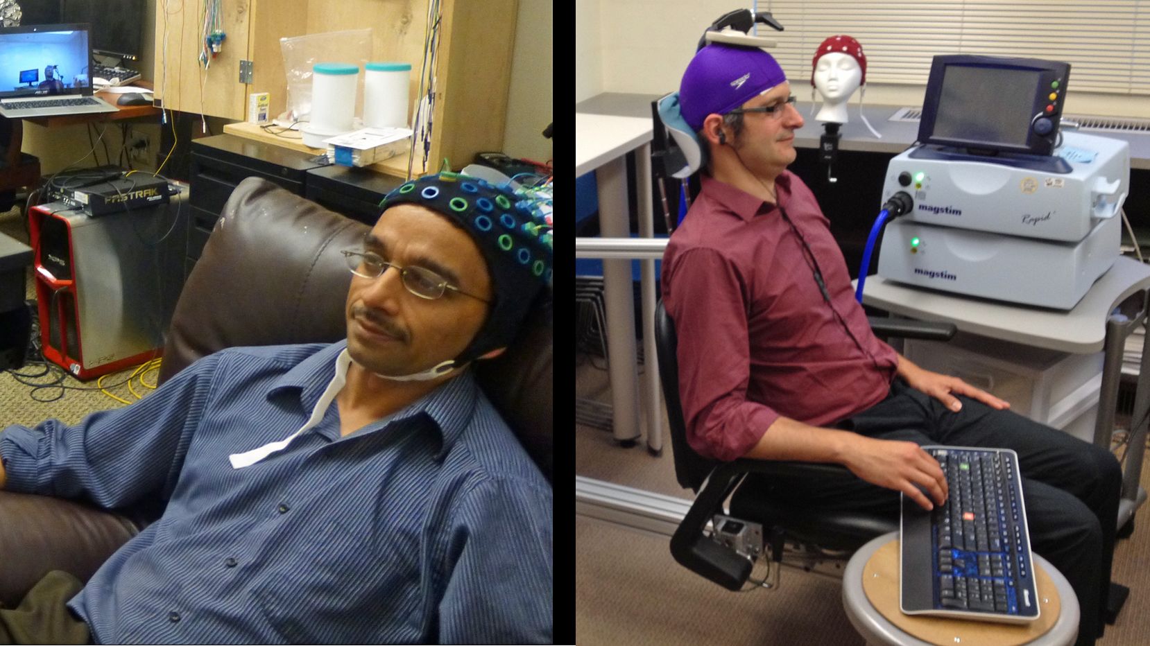Rajesh Rao, left, sends brain signals to Andrea Stocco, right, in a different laboratory.