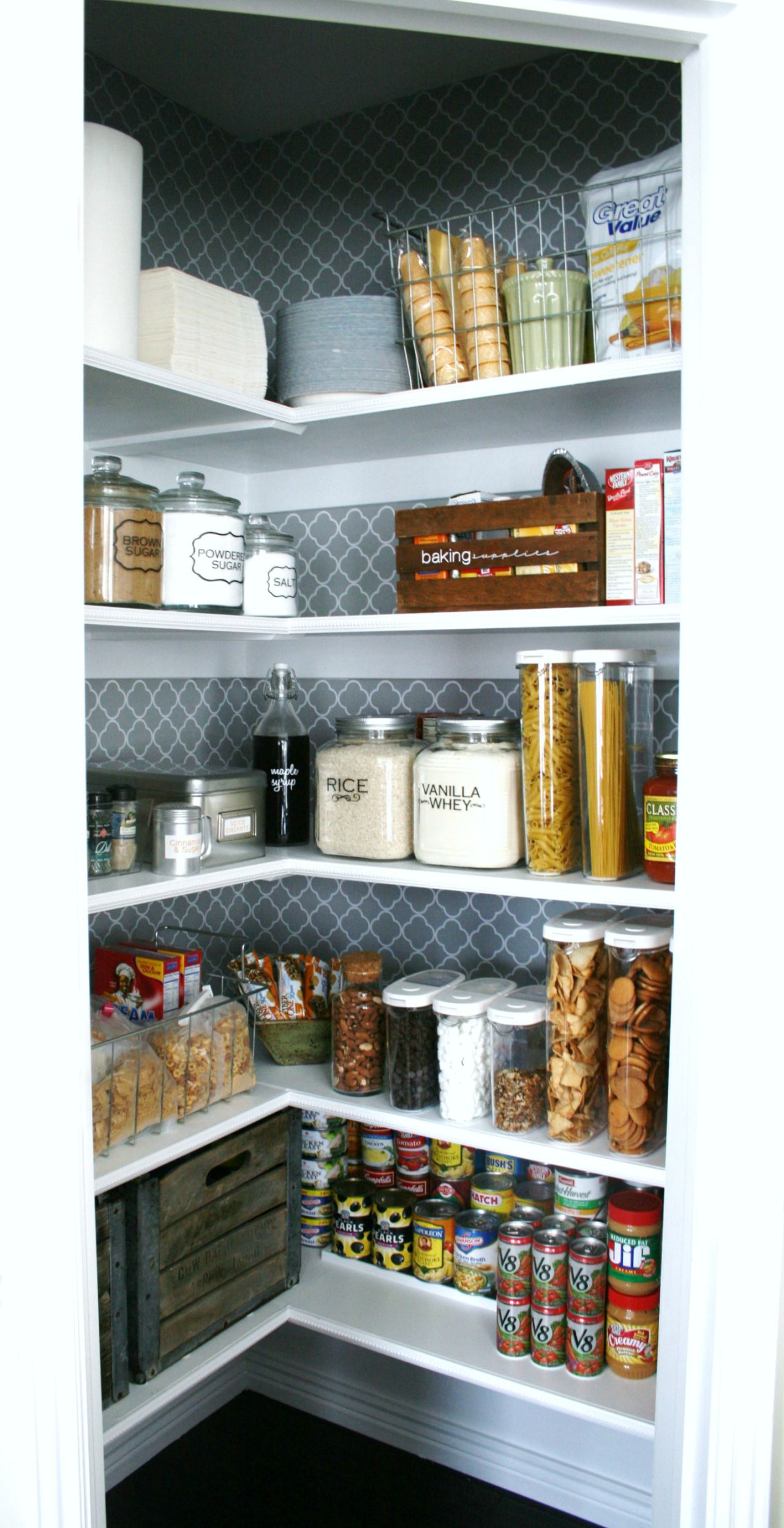 The quatrefoil background of Shelley Smith's pantry sets the scene for orderly storage.