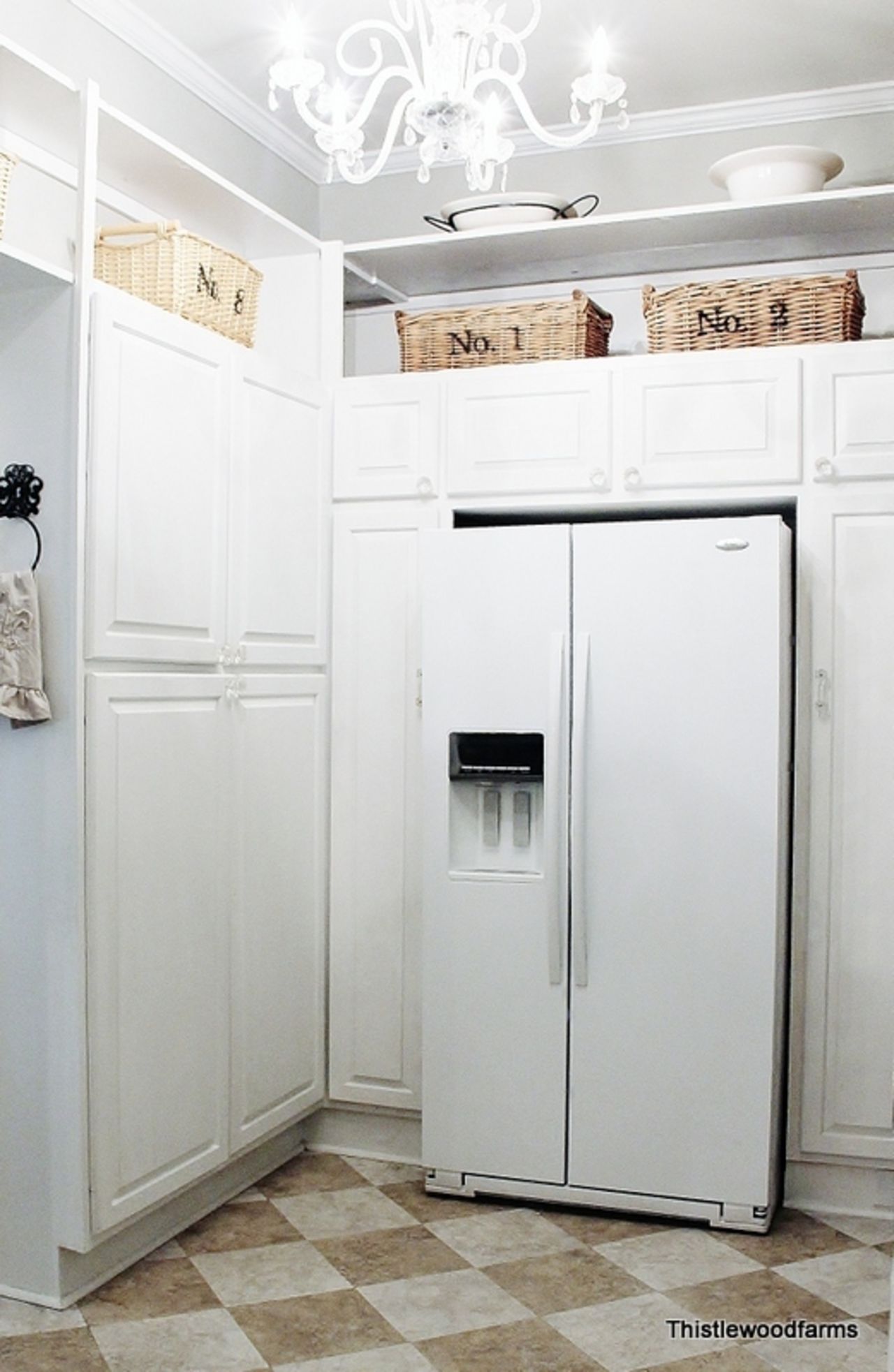 Seldom used service ware is attractively stored in woven bins.