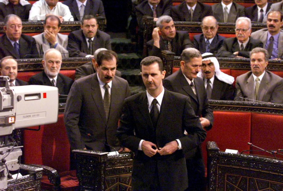 Al-Assad prepares to deliver a speech to parliament on July 17, 2000.  It would be his first speech to parliament after taking the oath of office to become Syria's new president.
