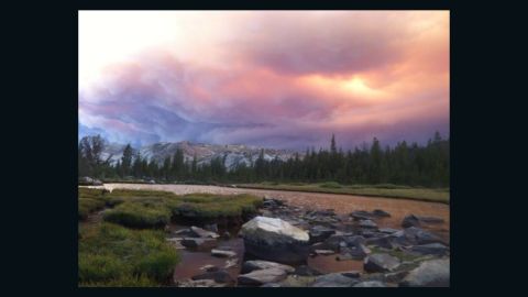 Smoke from the Rim Fire darkens the sky at Dorothy Lake in Yosemite.
