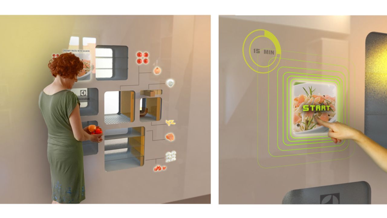 The only finger you need lift in the 2D Smart Kitchen is the one that picks your meal. Browse the menu on the wall-mounted touchscreen, which provides dinner options based on what's in your fridge, and click 'start'. Dutch designer Ermi van Oers' automatic cooking concept will select the ingredients and then chop it and cook it. Just don't tell the guests.