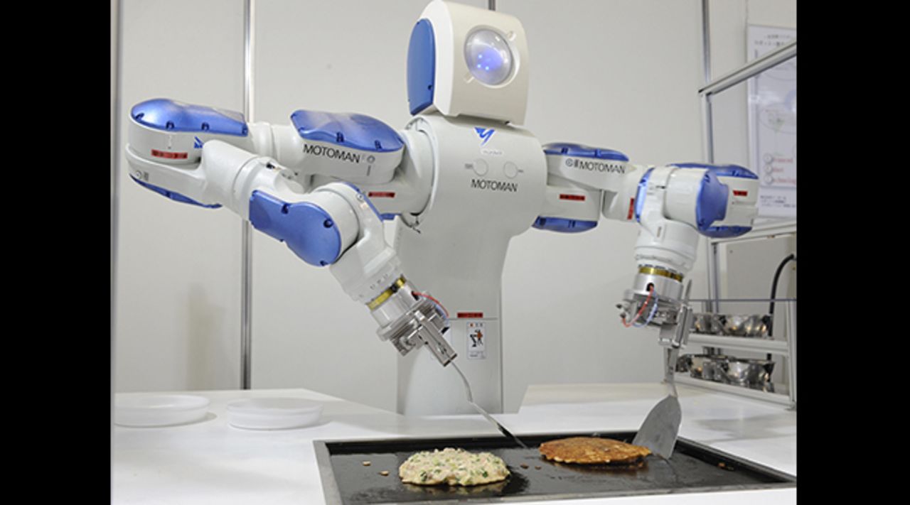 This robochef by Yaskawa Electric has spatulas for arms and can prepare, cook and foil wrap an 'okonomiyaki', a traditional Japanese pancake.