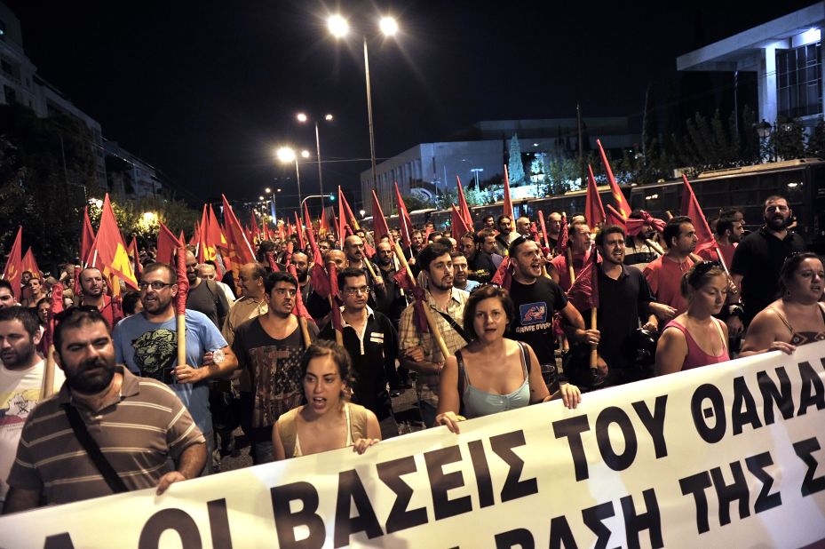 Protesters rally in front of the U.S. Embassy in Athens, Greece, on August 29 against potential NATO military action and Greek involvement in Syria.
