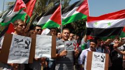 Palestinians, carrying placards and waving the Syrian and Palestinian national flags, gather during a demonstration against military intervention in Syria in the West Bank city of Nablus on August 29.