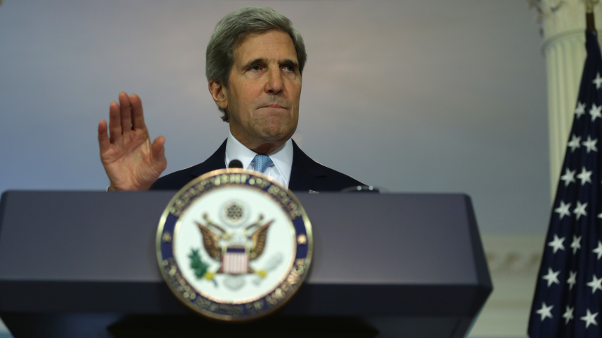 WASHINGTON, DC - AUGUST 30:  U.S. Secretary of State John Kerry makes a statement at the State Department August 30, 2013 in Washington, DC. Kerry spoke on the current situation in Syria. He said an earlier chemical attack by Bashar al-Assad's regime against his people has killed at least 1,429 people, including 426 children.  (Photo by Alex Wong/Getty Images)