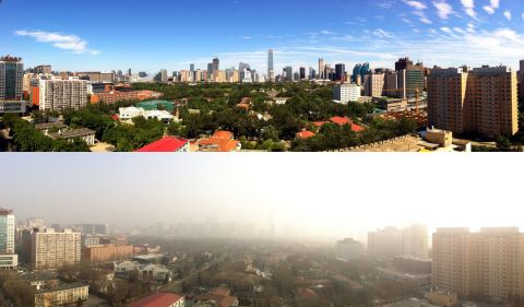 China's capital Beijing, seen here in contrast between blue-sky and smog-filled days, recorded historic air pollution levels in January 2013. Hazardous air quality days have pushed Beijing to enact stricter air pollution policies for the country -- including naming and shaming the nation's top ten worst polluting cities. 